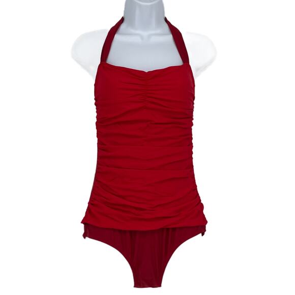 Halter Neck Swimsuit Color Block Red and Burgundy Size Small - Picture 1 of 5